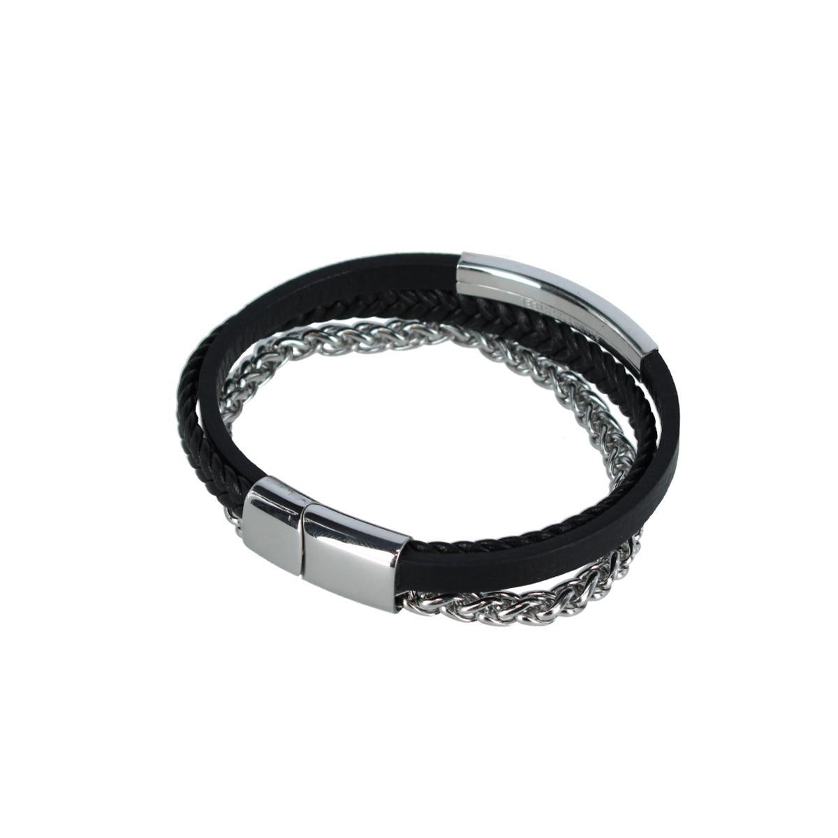 Loose Fit Zaid Metal & Leather Triple Strand Clasp Bracelet - Black Leather and Silver Metal