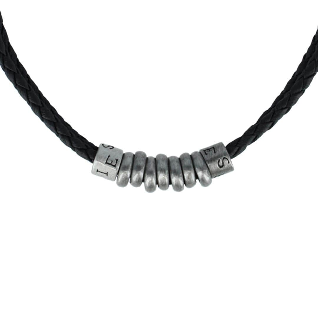 DaVinci Vegan Leather Metal Bead and Ring Necklace - Black