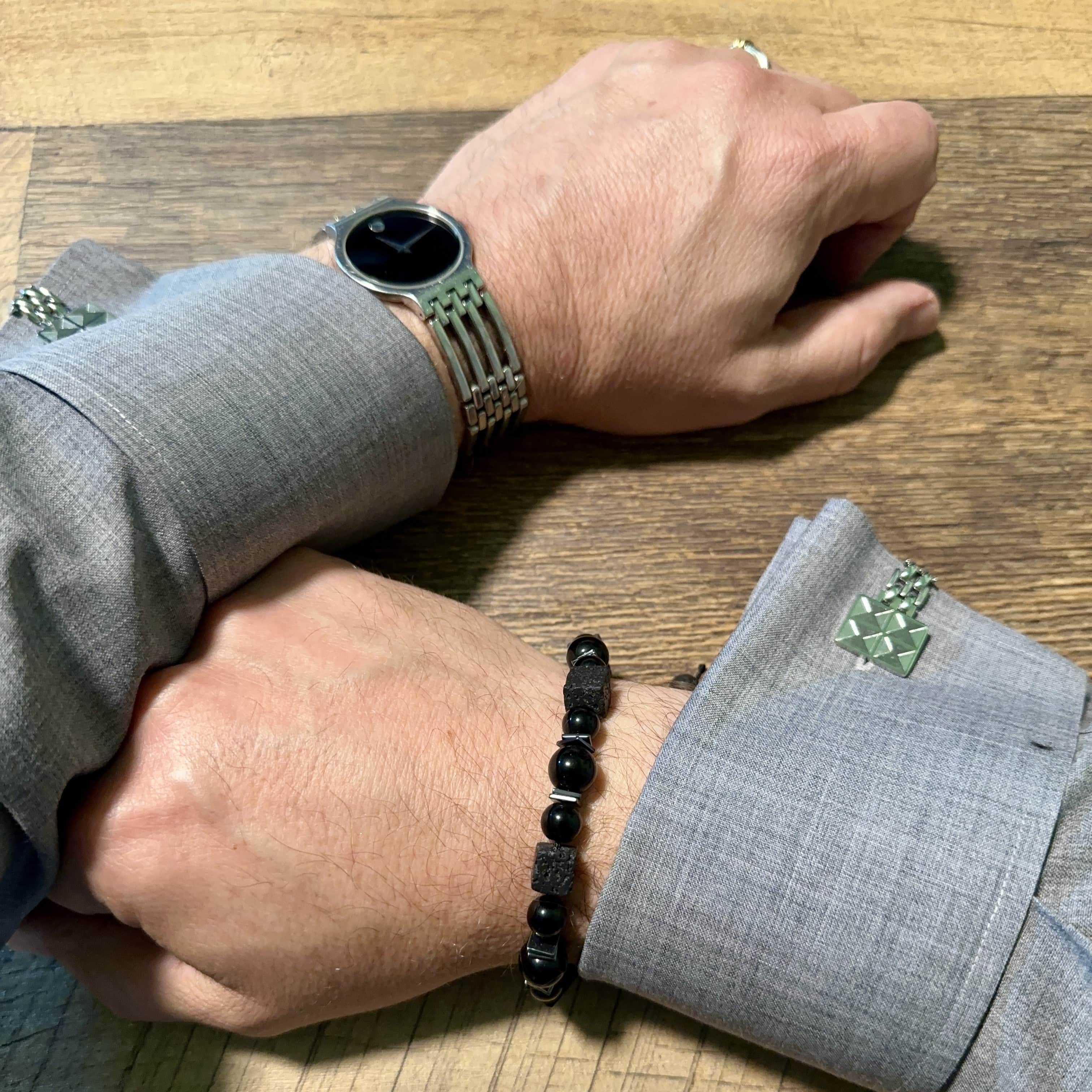 Flint Beaded Stone and Metallic Adjustable Bracelet - Black