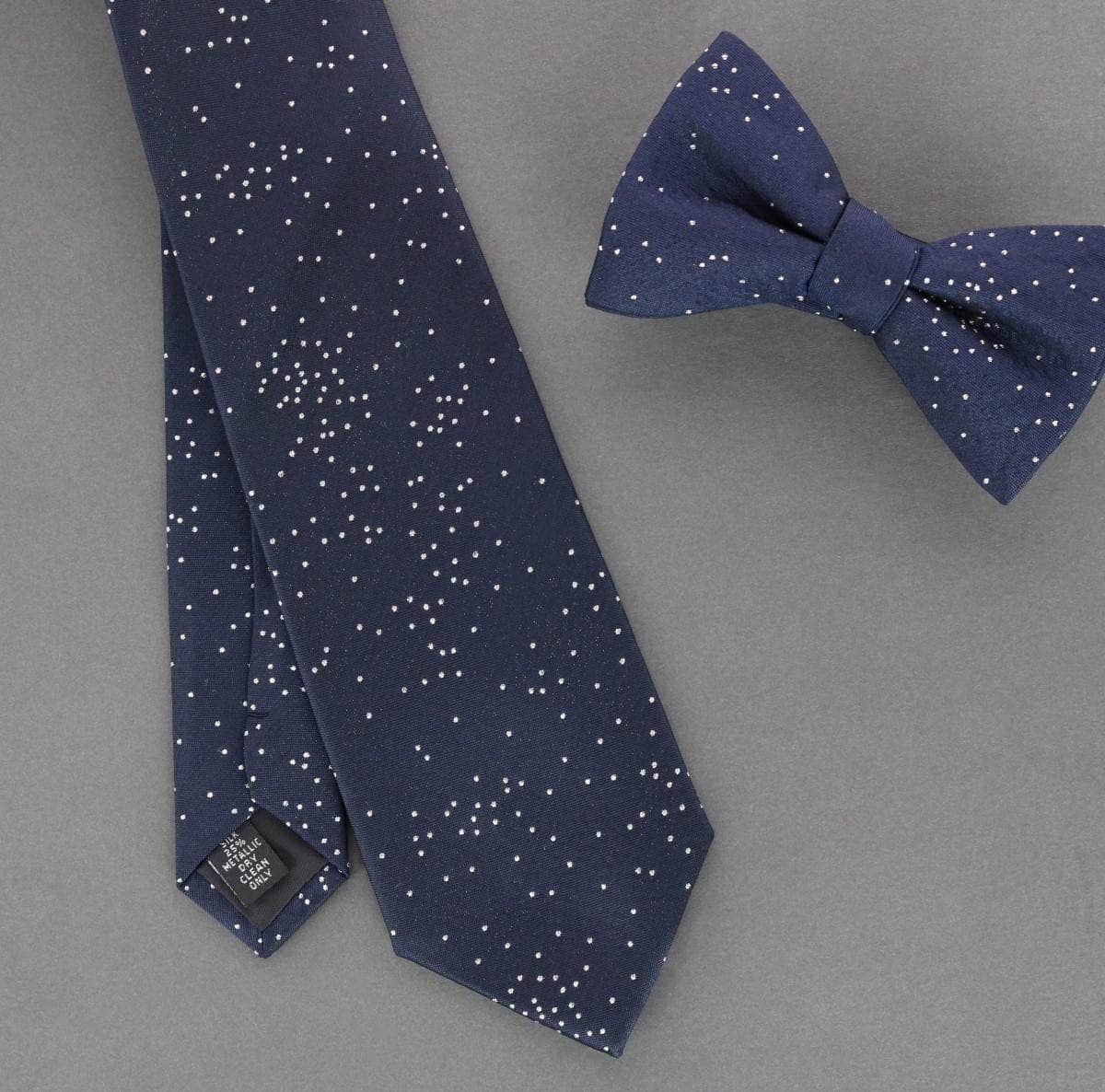 Mystere Metallic Star Light Silk Necktie - Navy with Silver Metallic