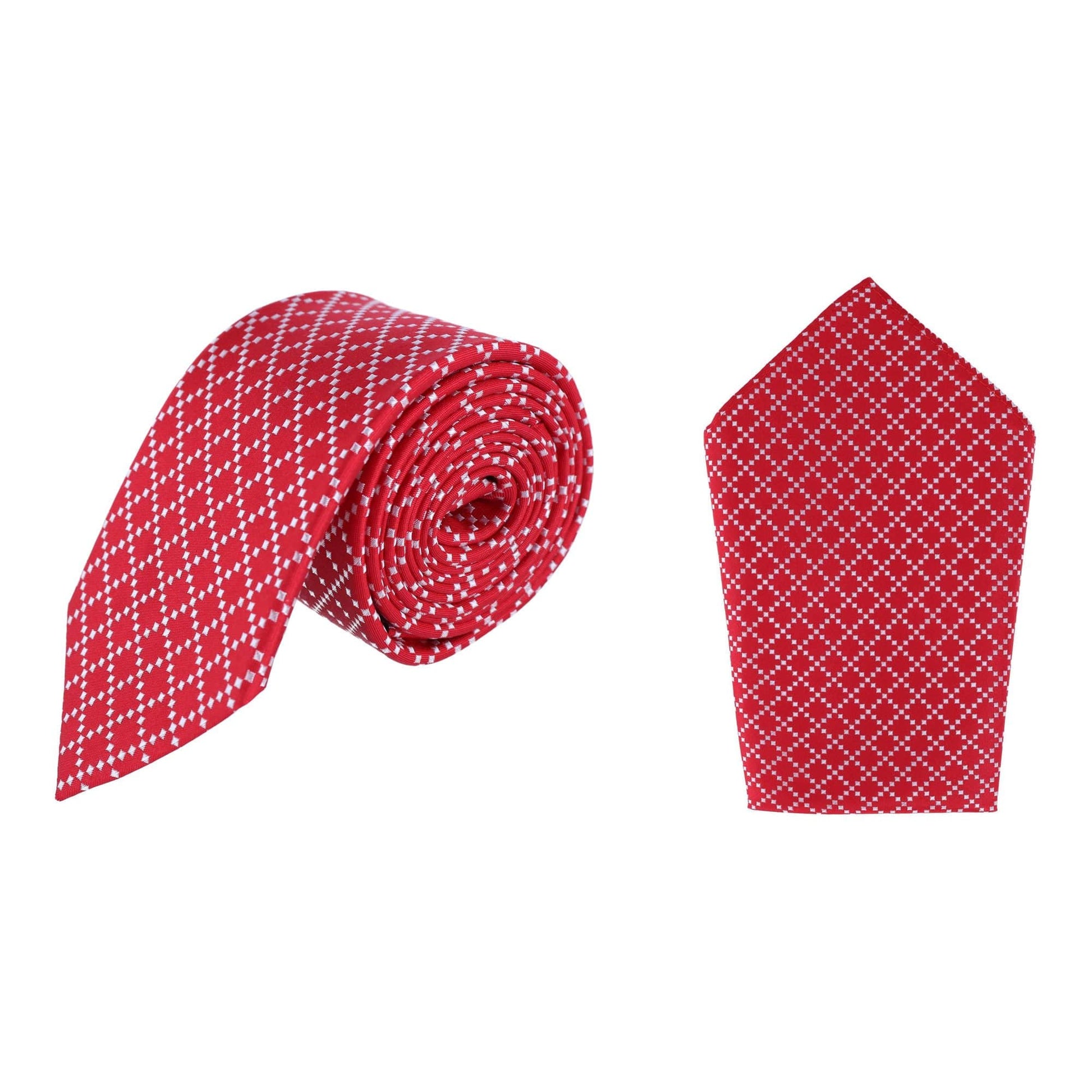 Rowan Geometric Pattern Silk Necktie and Pocket Square Bundle - Red