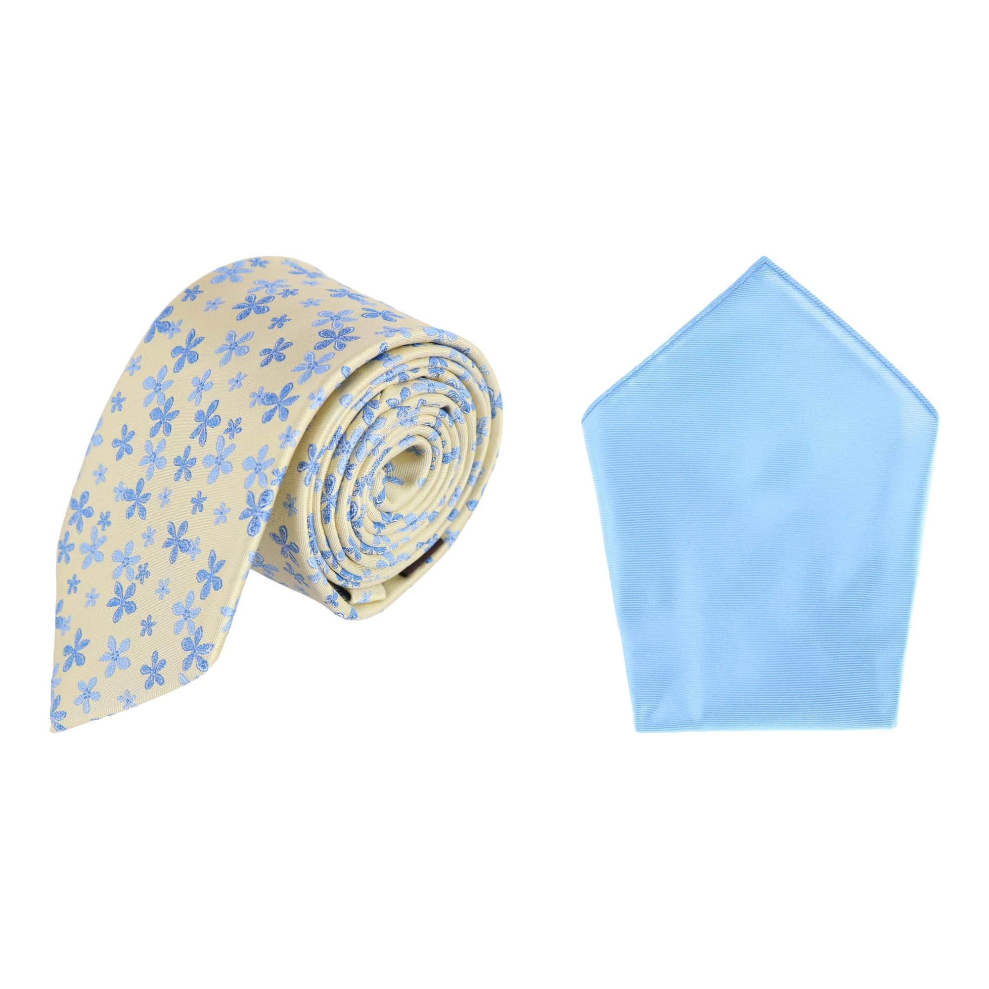 Weldon Floral Silk Necktie & Gatsby Pocket Square Bundle - Yellow with Blue