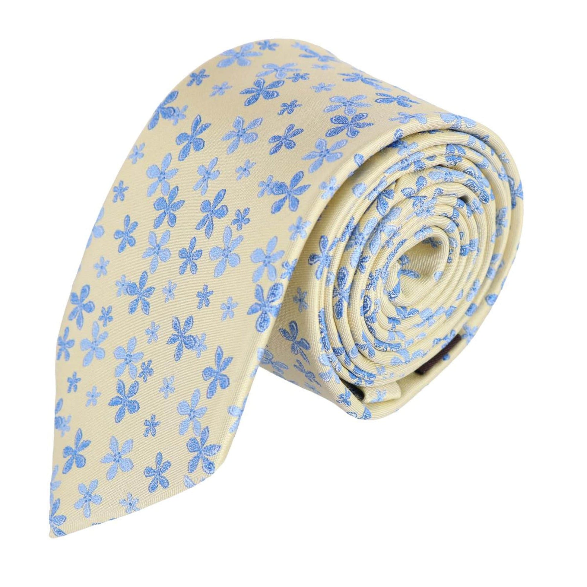 Weldon Floral Silk Necktie & Gatsby Pocket Square Bundle - Yellow with Blue
