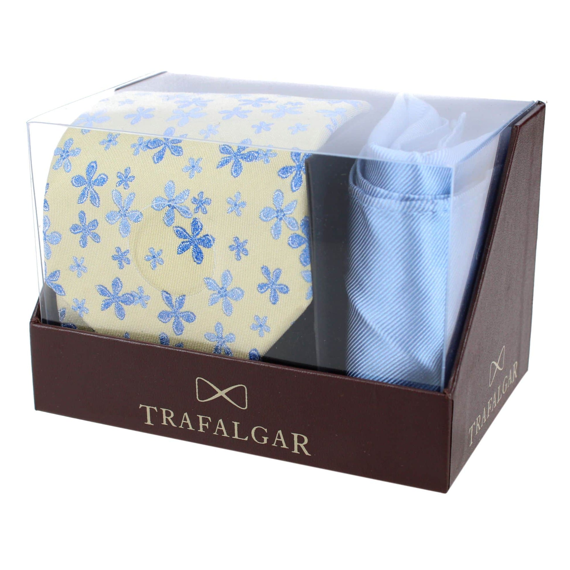 Weldon Floral Silk Necktie & Gatsby Pocket Square Bundle - Yellow with Blue