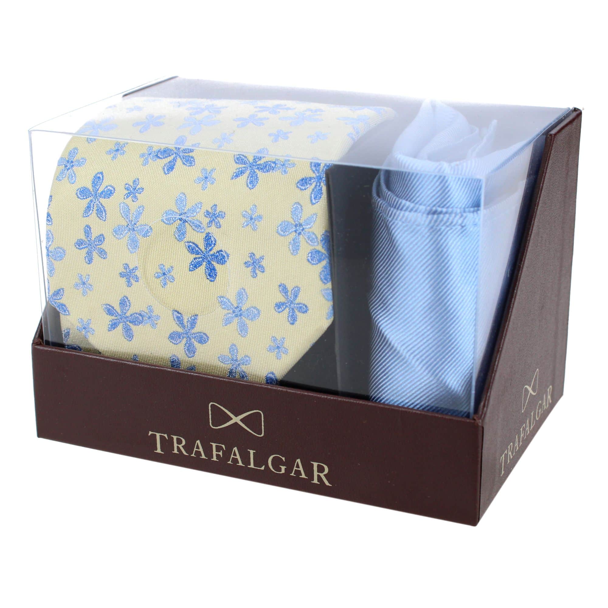 Weldon Floral Silk Necktie & Gatsby Pocket Square Bundle - Yellow with Blue