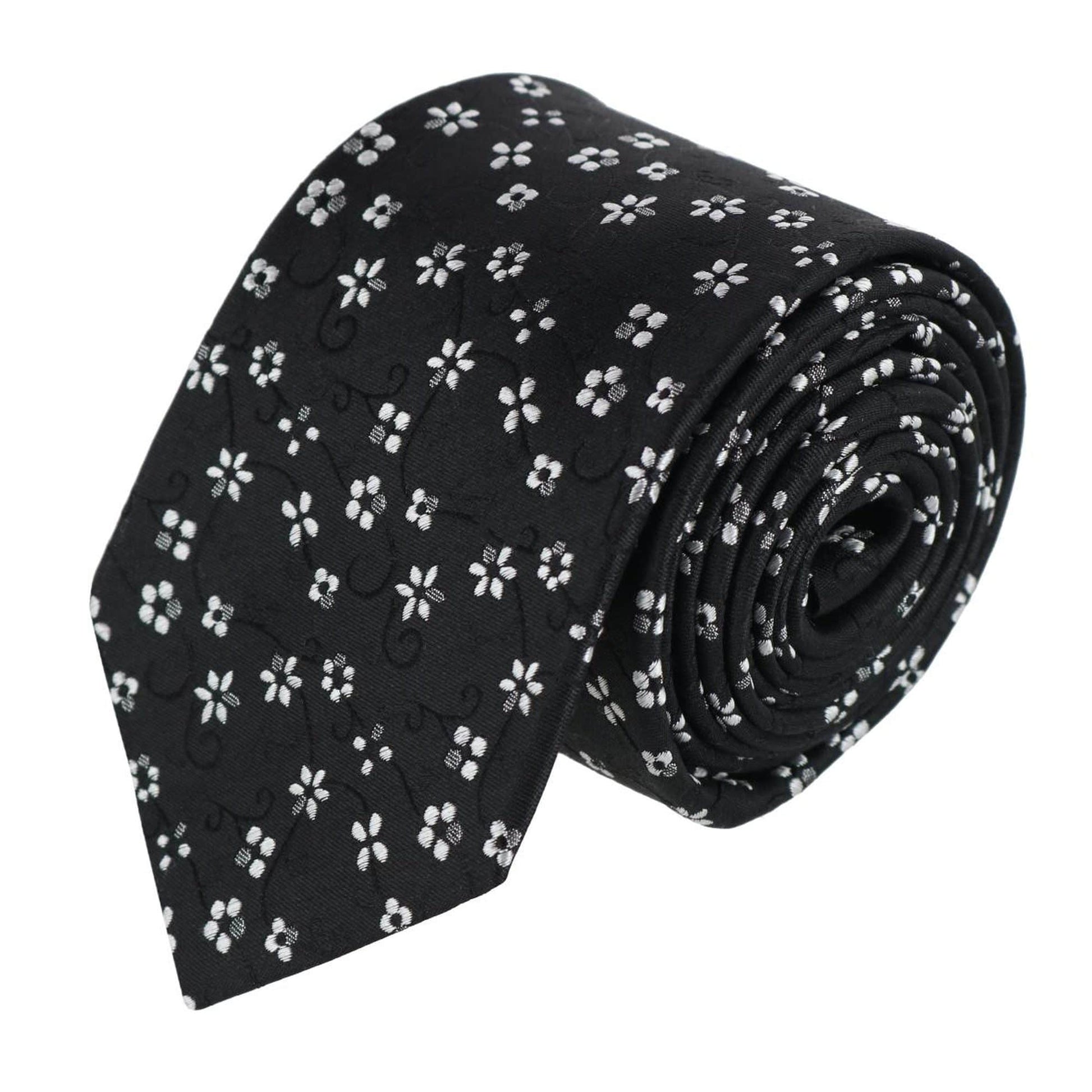 Tudor Daisy & Gatsby Silk Tie and Pocket Square Bundle - Black with White