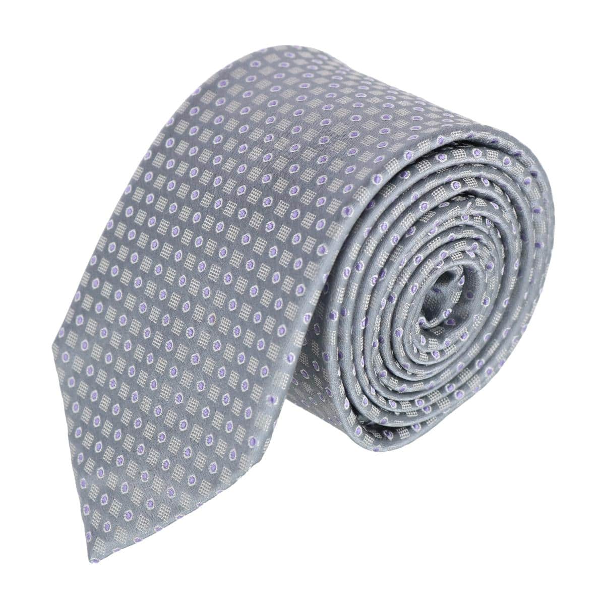 Ewing Square and Polka Dot Business Silk Necktie - Grey with Purple Polka Dots