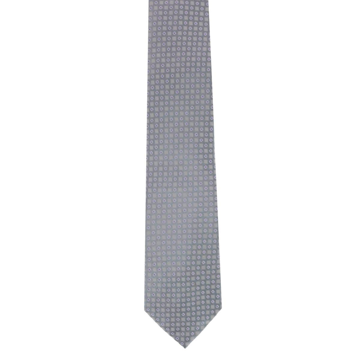 Ewing Square and Polka Dot Business Silk Necktie - Grey with Purple Polka Dots