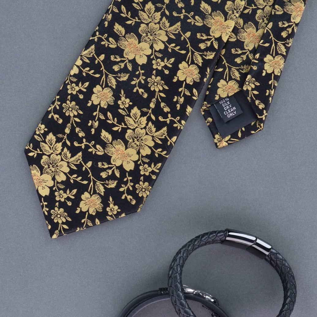Midas Floral Novelty Silk Necktie - Black and Gold