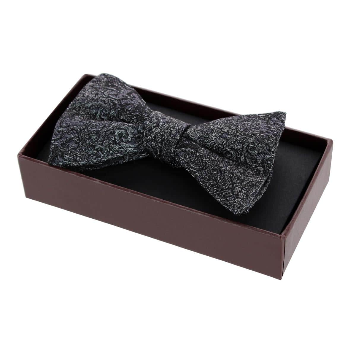 Esteban Scrolling Vines Tone on Tone Patterned Silk Bow Tie - Silver and Black