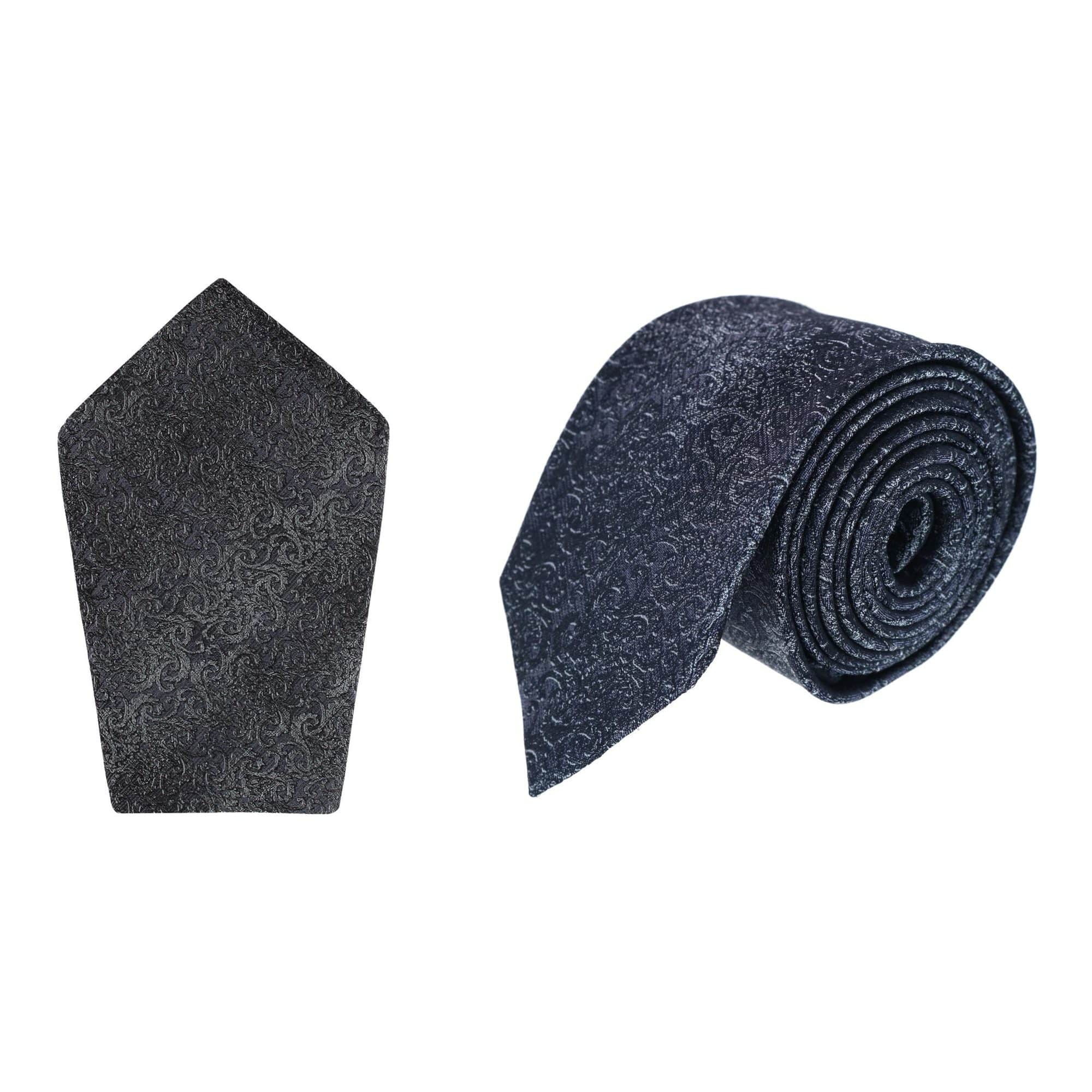 Esteban Scrolling Vines Silk Necktie and Pocket Square Bundle - Silver and Black