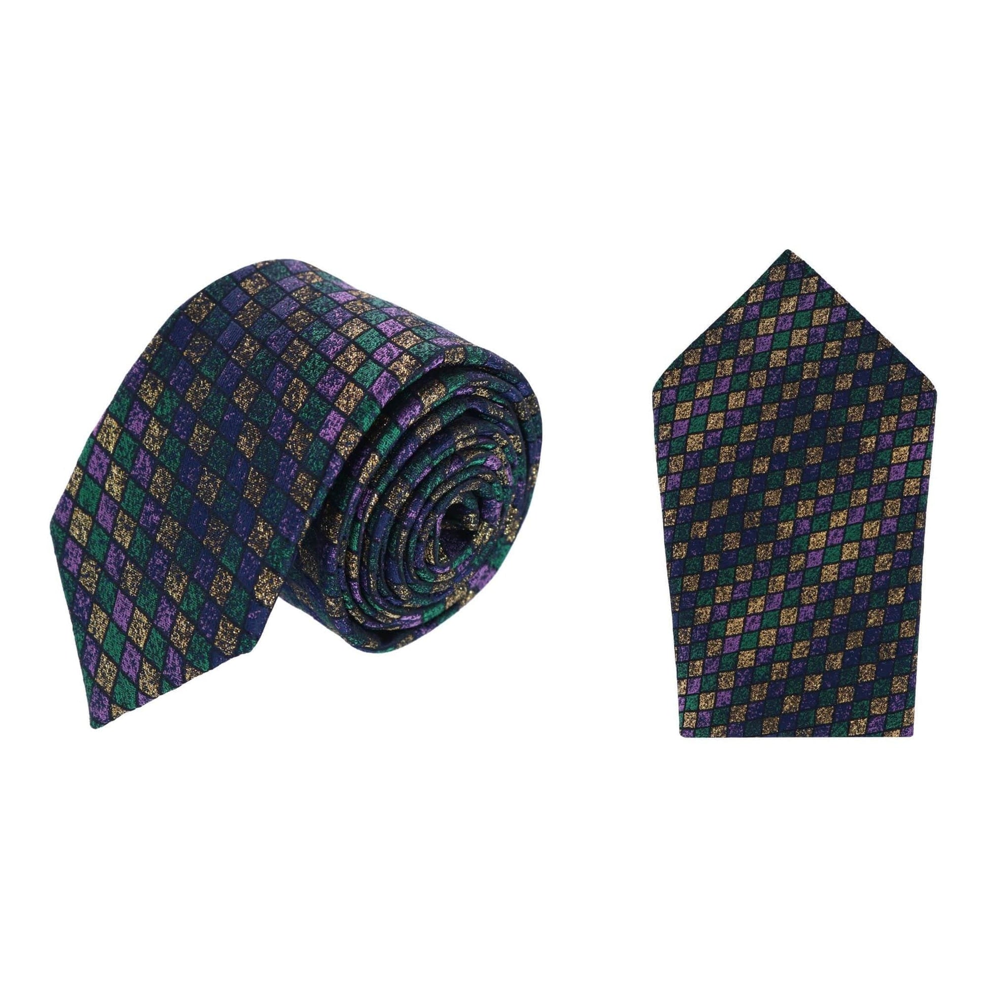 Carnival Diamond Multi-Colored Novelty Silk Necktie - Purple, Yellow, and Green Diamonds