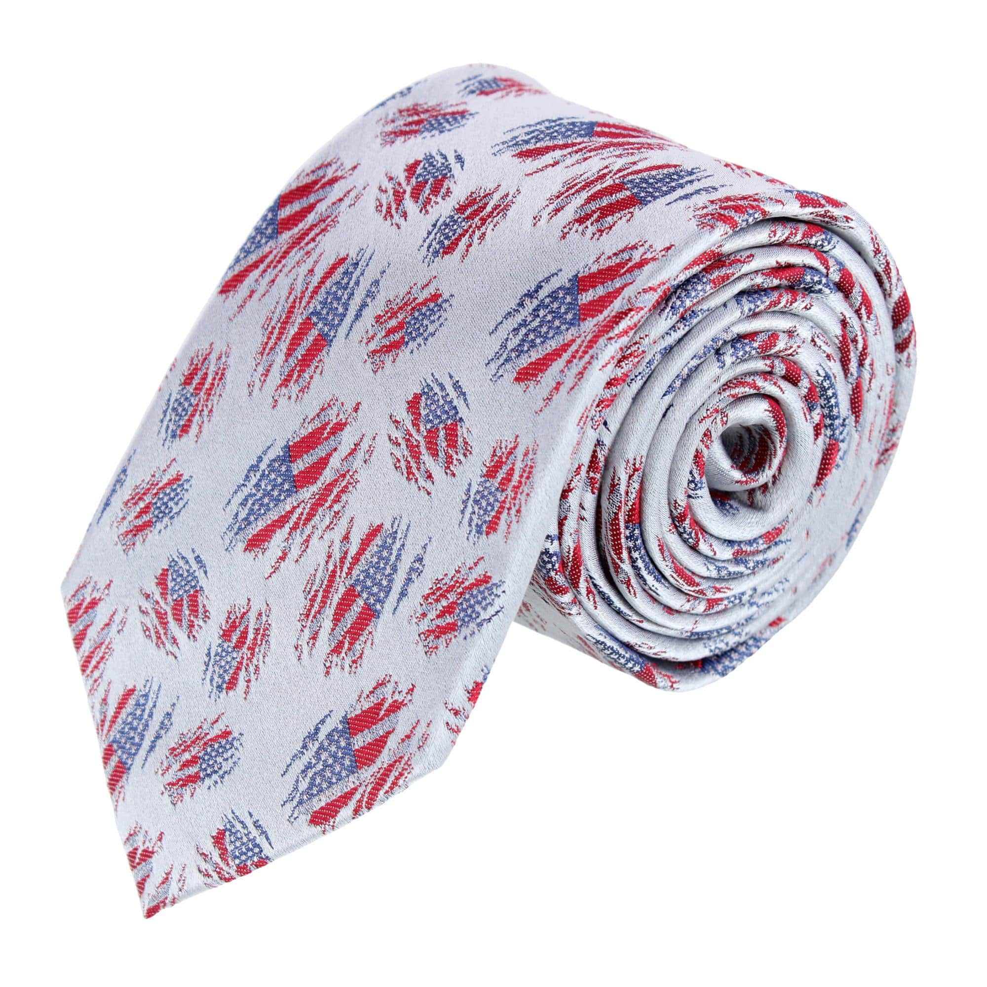 Stars & Stripes Silk Tie & Gatsby Pocket Square Bundle - Silver with Red