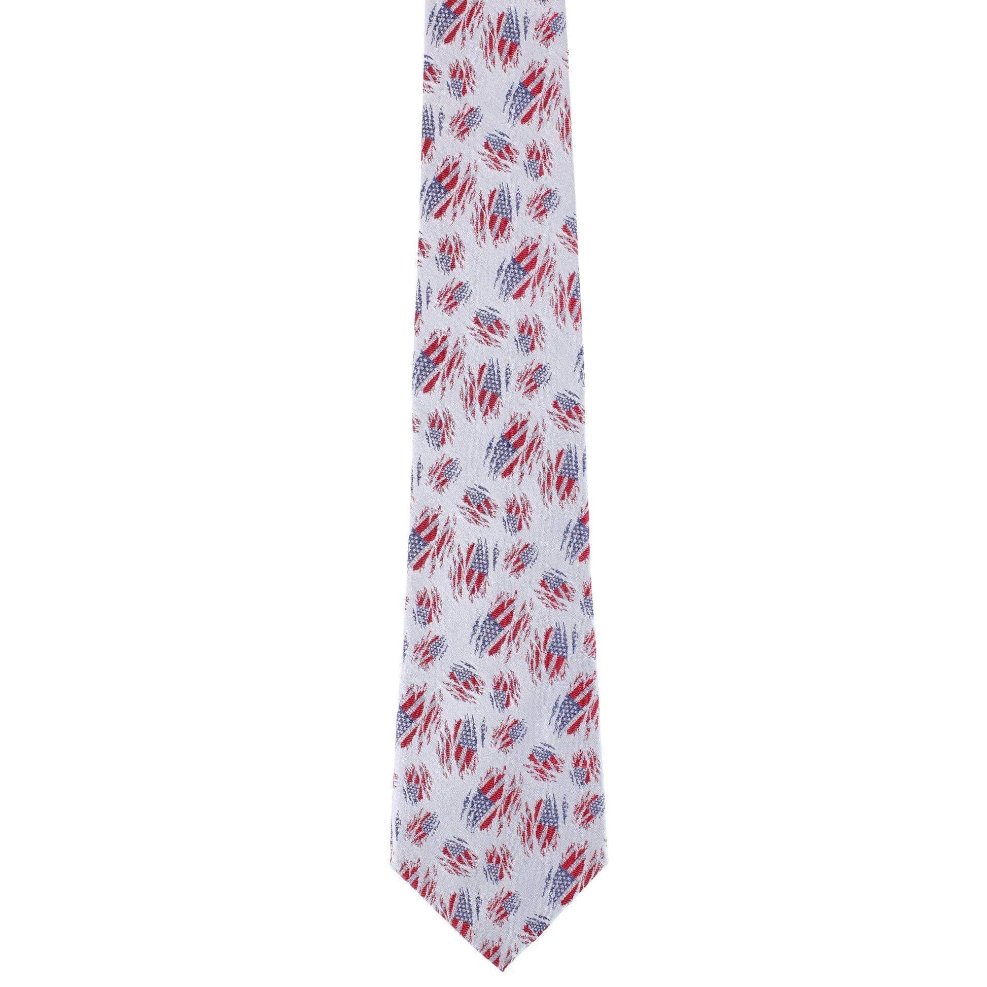 Stars & Stripes Silk Tie & Gatsby Pocket Square Bundle - Silver with Red