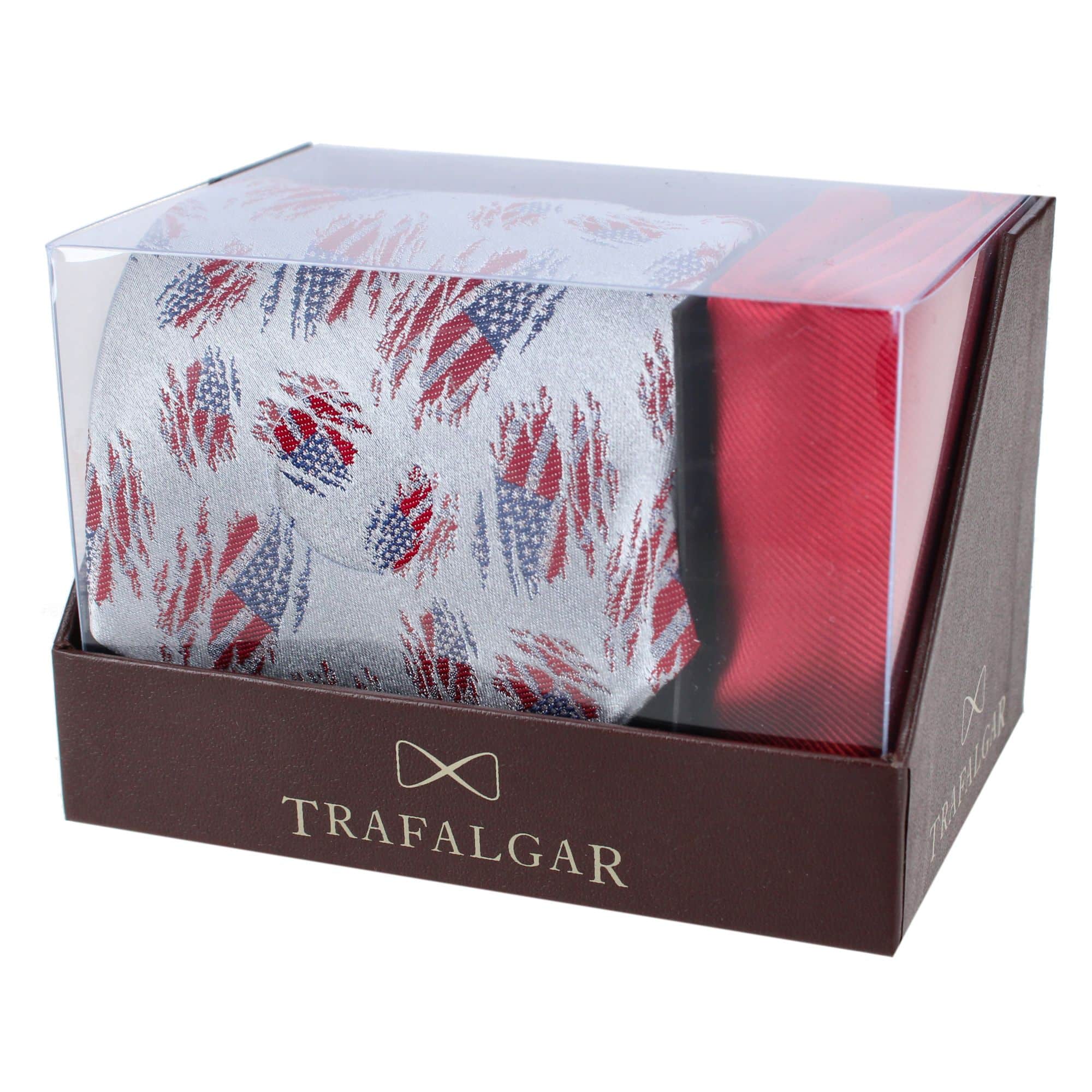 Stars & Stripes Silk Tie & Gatsby Pocket Square Bundle - Silver with Red