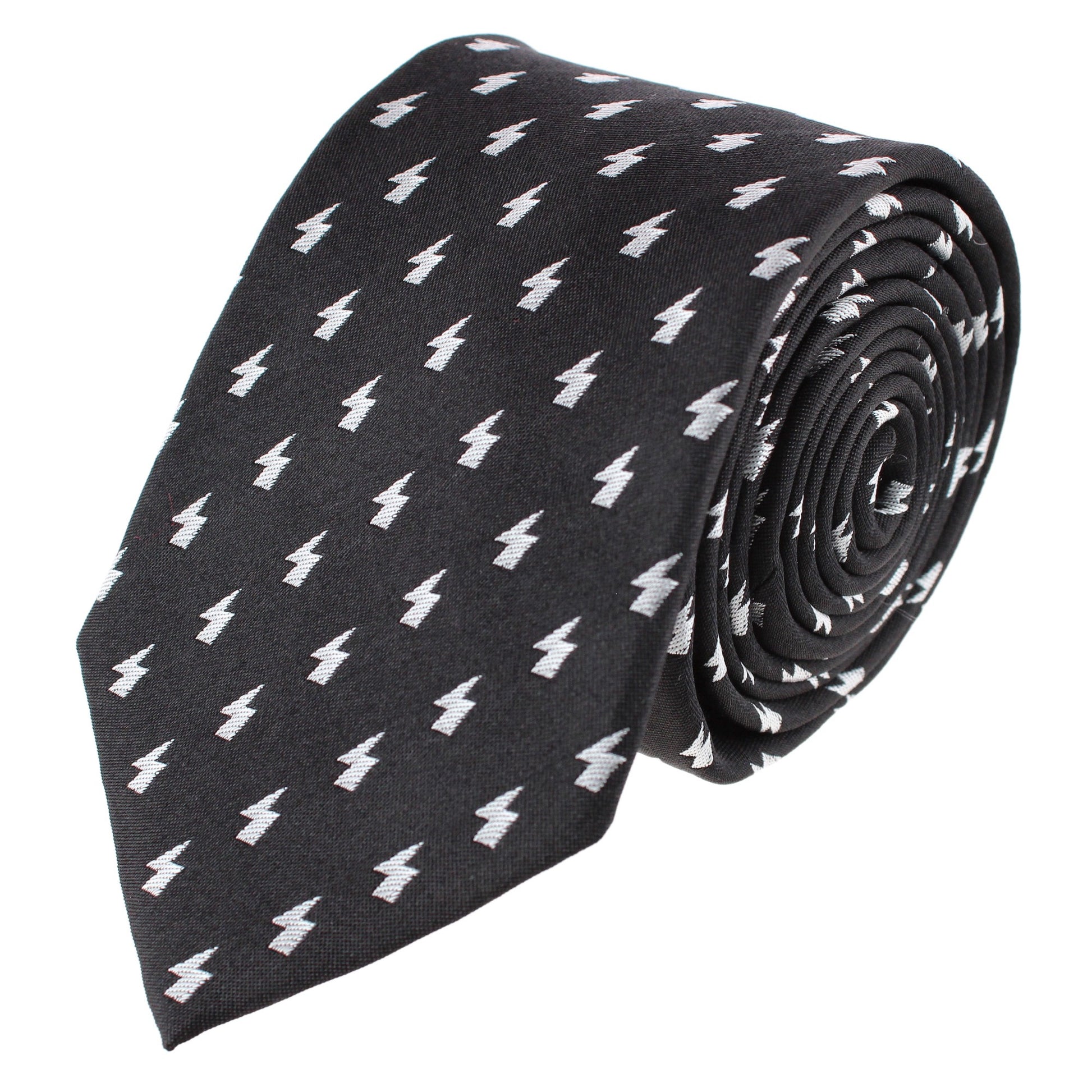 Zesus Striking Lightning Novelty Silk Necktie - Black with White Lightning Bolts