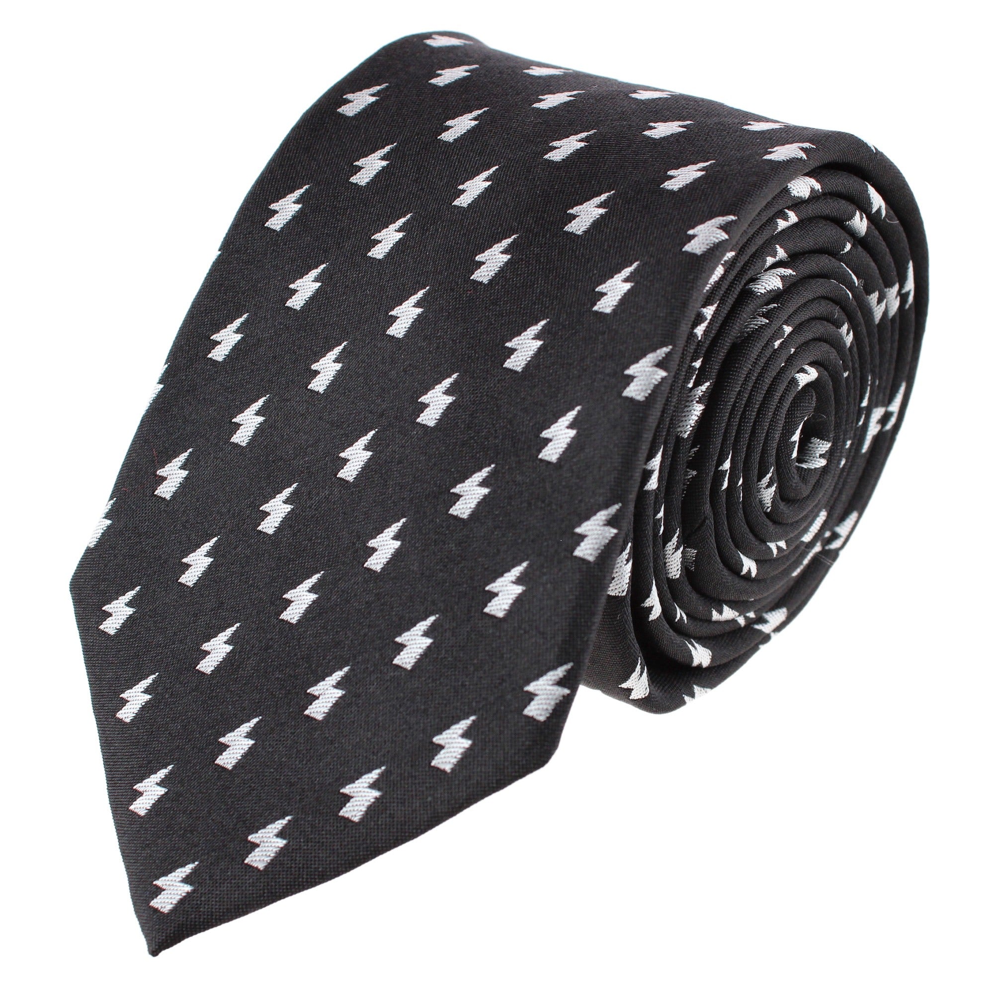 Zesus Striking Lightning Novelty Silk Necktie - Black with White Lightning Bolts