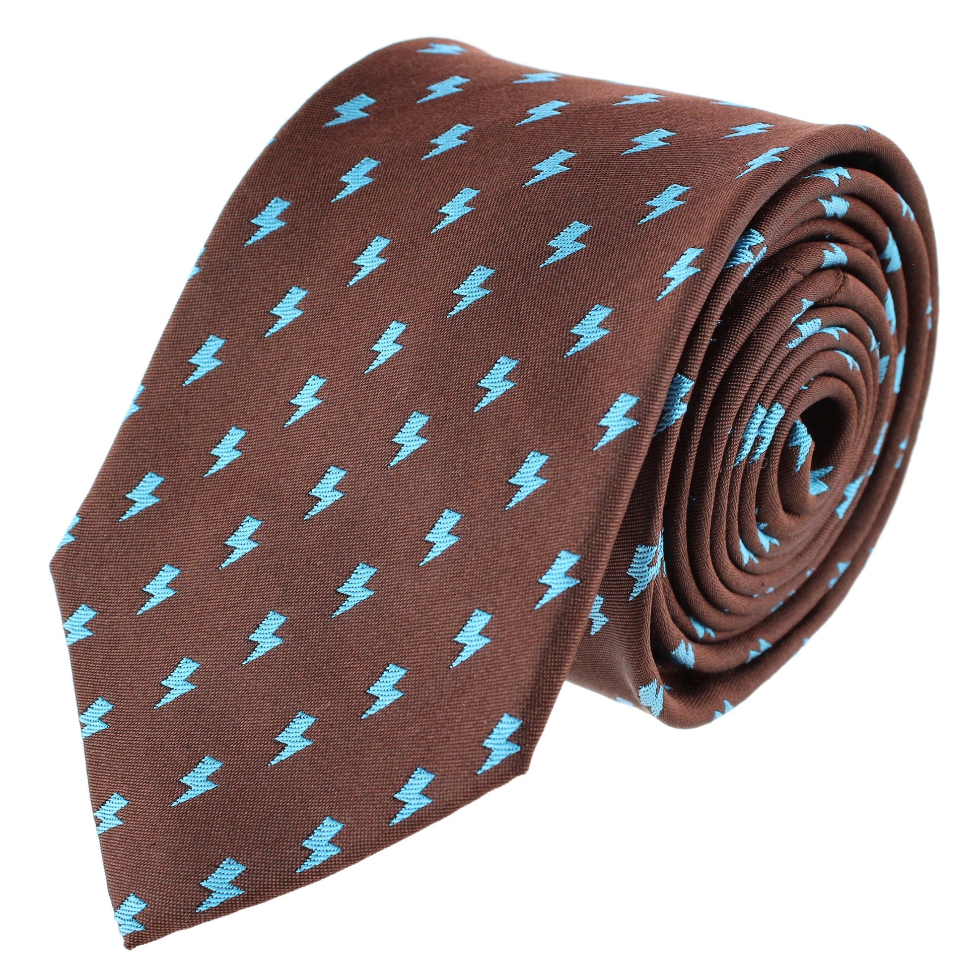 Zesus Striking Lightning Novelty Silk Necktie - Brown with Light Blue Lightning Bolts