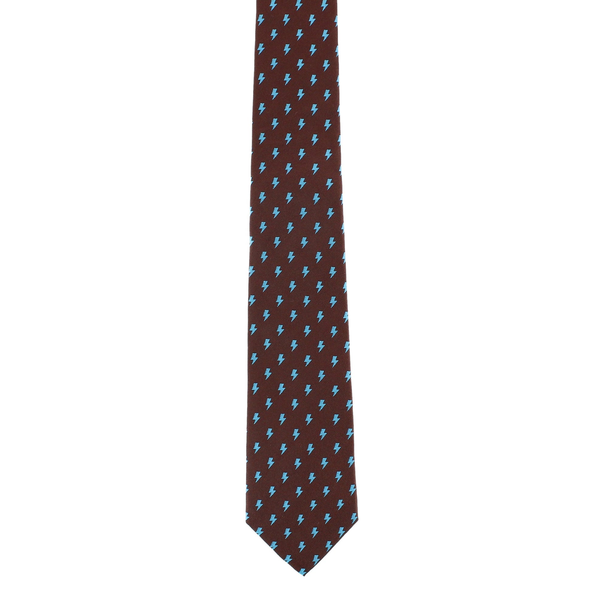 Zesus Striking Lightning Novelty Silk Necktie - Brown with Light Blue Lightning Bolts