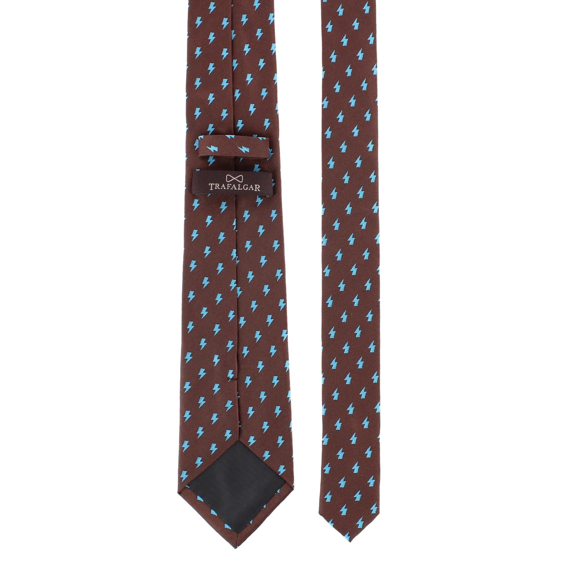 Zesus Striking Lightning Novelty Silk Necktie - Brown with Light Blue Lightning Bolts