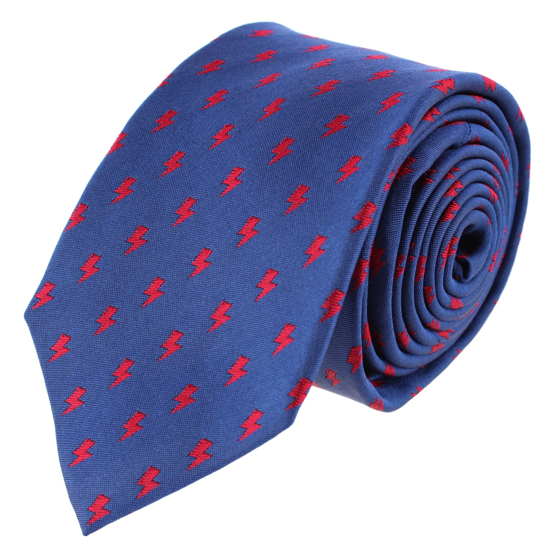 Zesus Striking Lightning Novelty Silk Necktie - Navy with Red Lightning Bolts