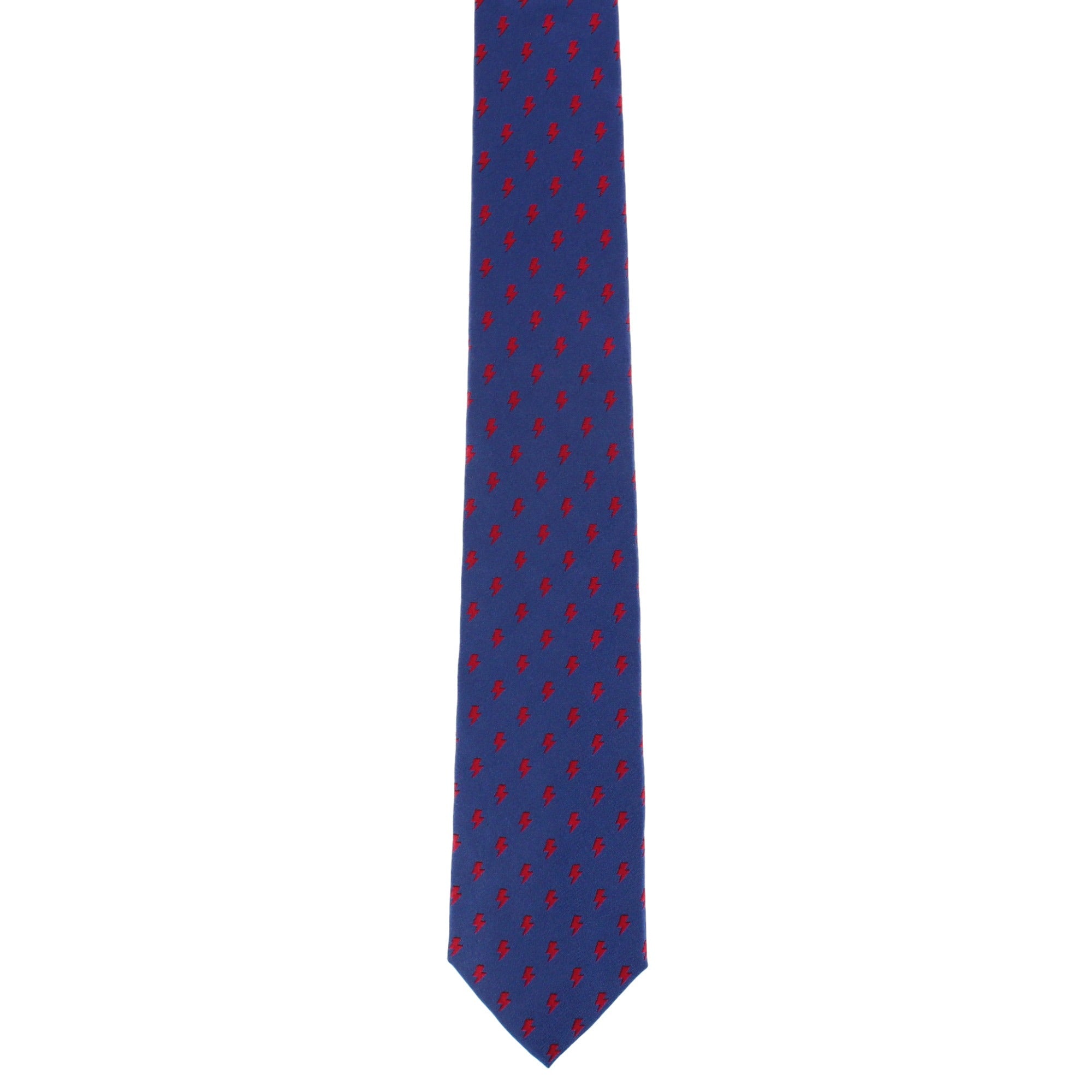 Zesus Striking Lightning Novelty Silk Necktie - Navy with Red Lightning Bolts