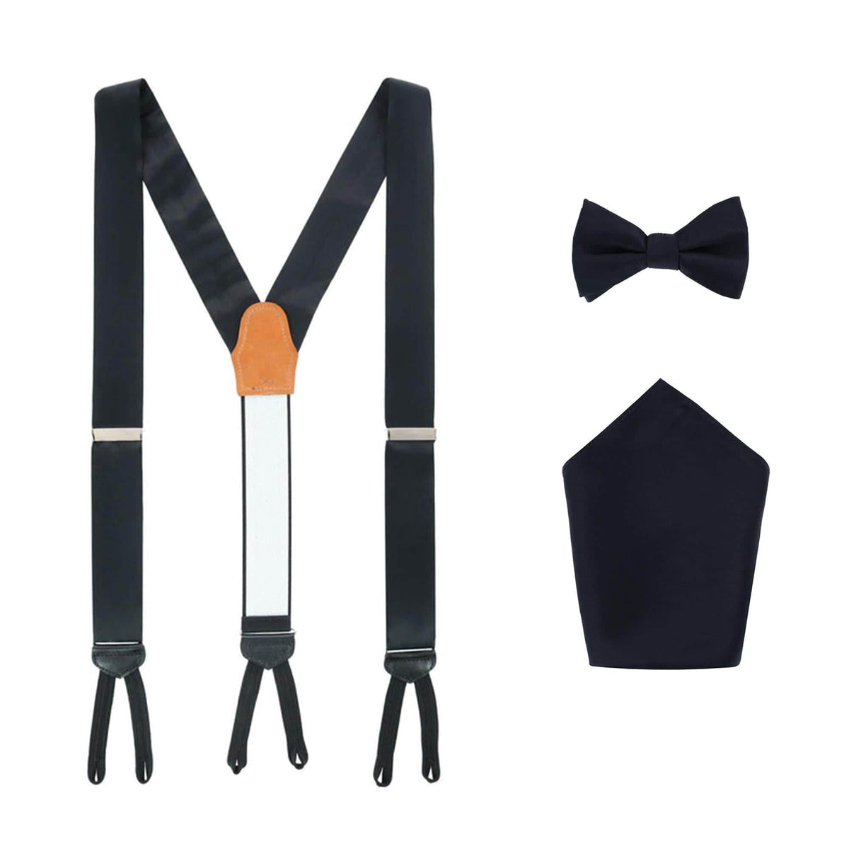 Sutton Solid Color Silk Brace Bow Tie & Pocket Square Combo - Black