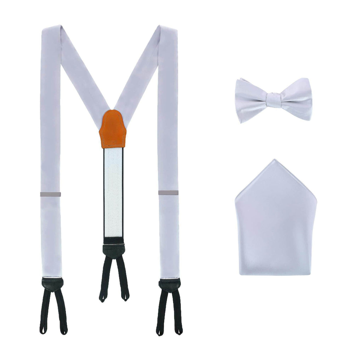 Sutton Solid Color Silk Brace Bow Tie & Pocket Square Combo - Silver