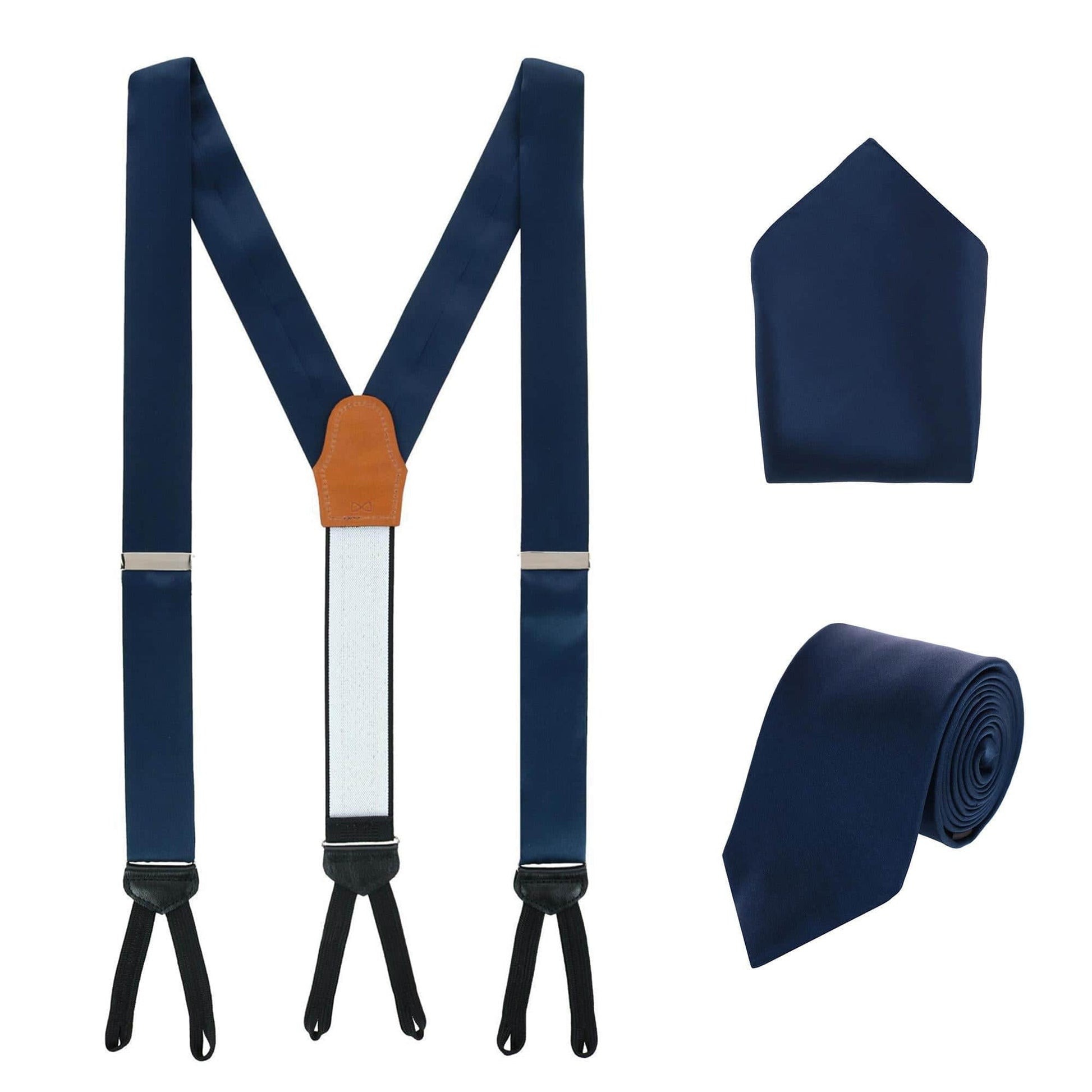 Sutton Solid Color Silk Brace Necktie and Pocket Square Set - Navy