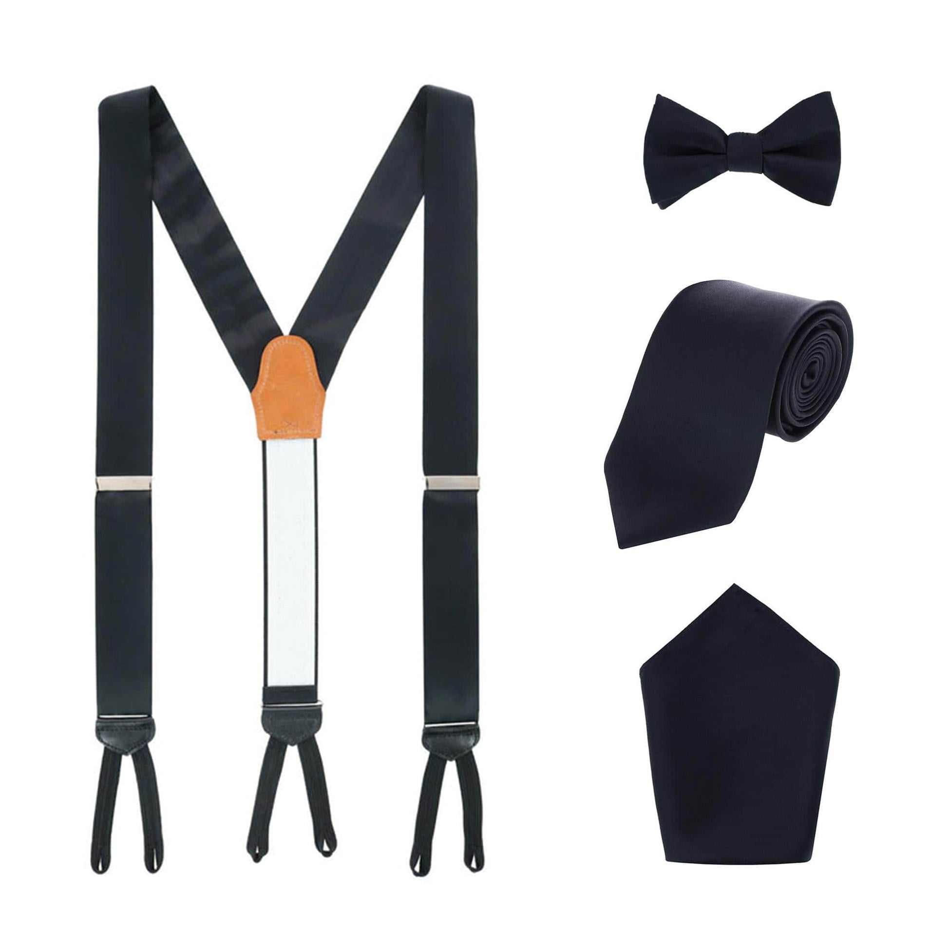 Sutton Solid Color Silk Brace Bow Tie Necktie and Pocket Square Set - Black