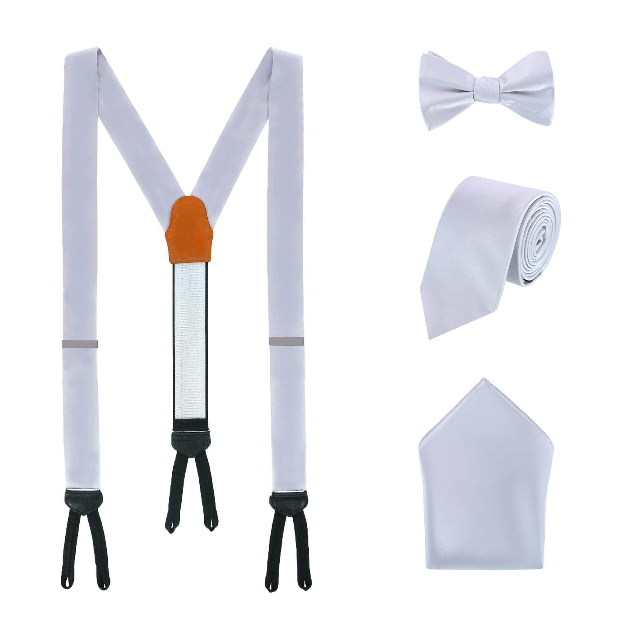 Sutton Solid Color Silk Brace Bow Tie Necktie and Pocket Square Set - Silver