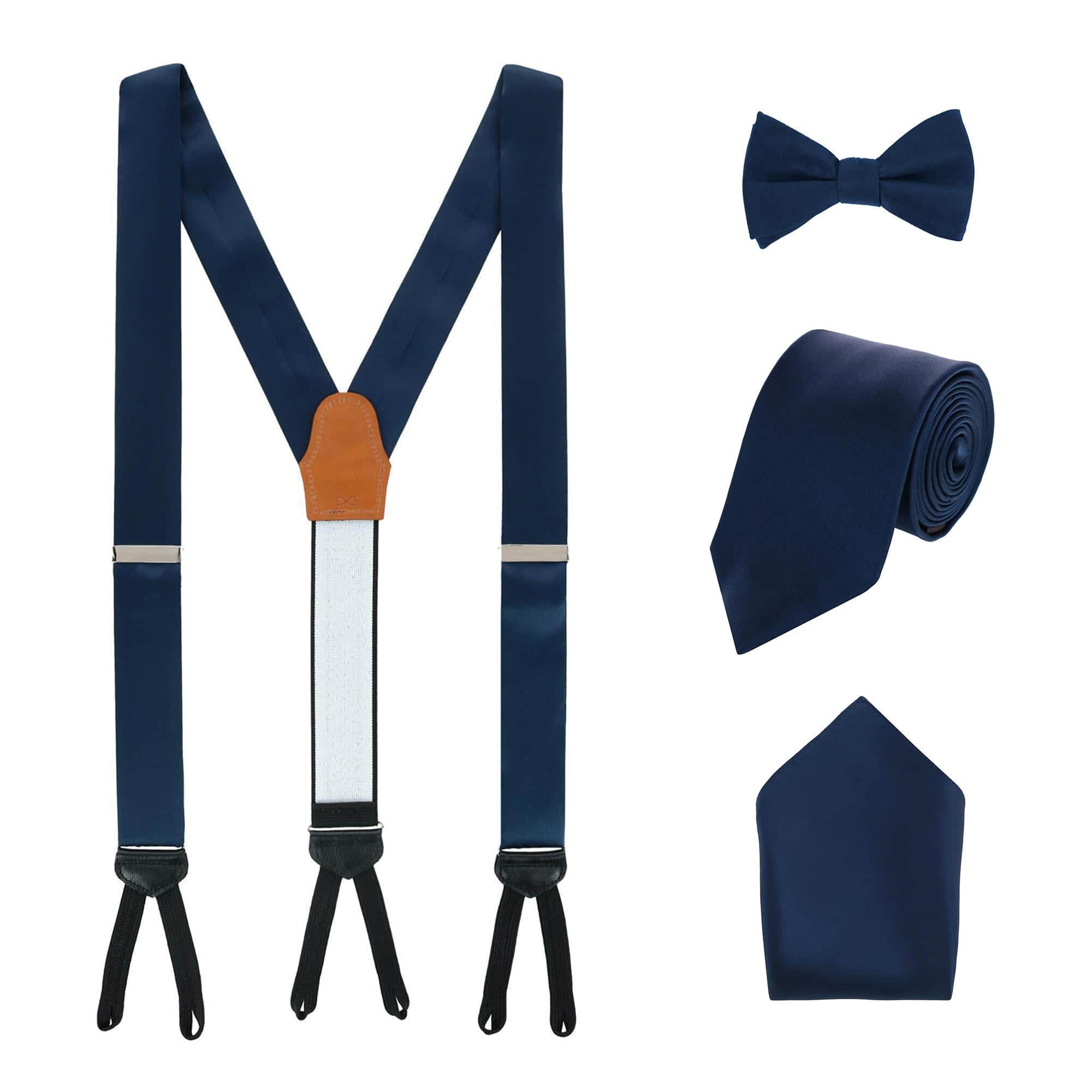 Sutton Solid Color Silk Brace Bow Tie Necktie and Pocket Square Set - Navy