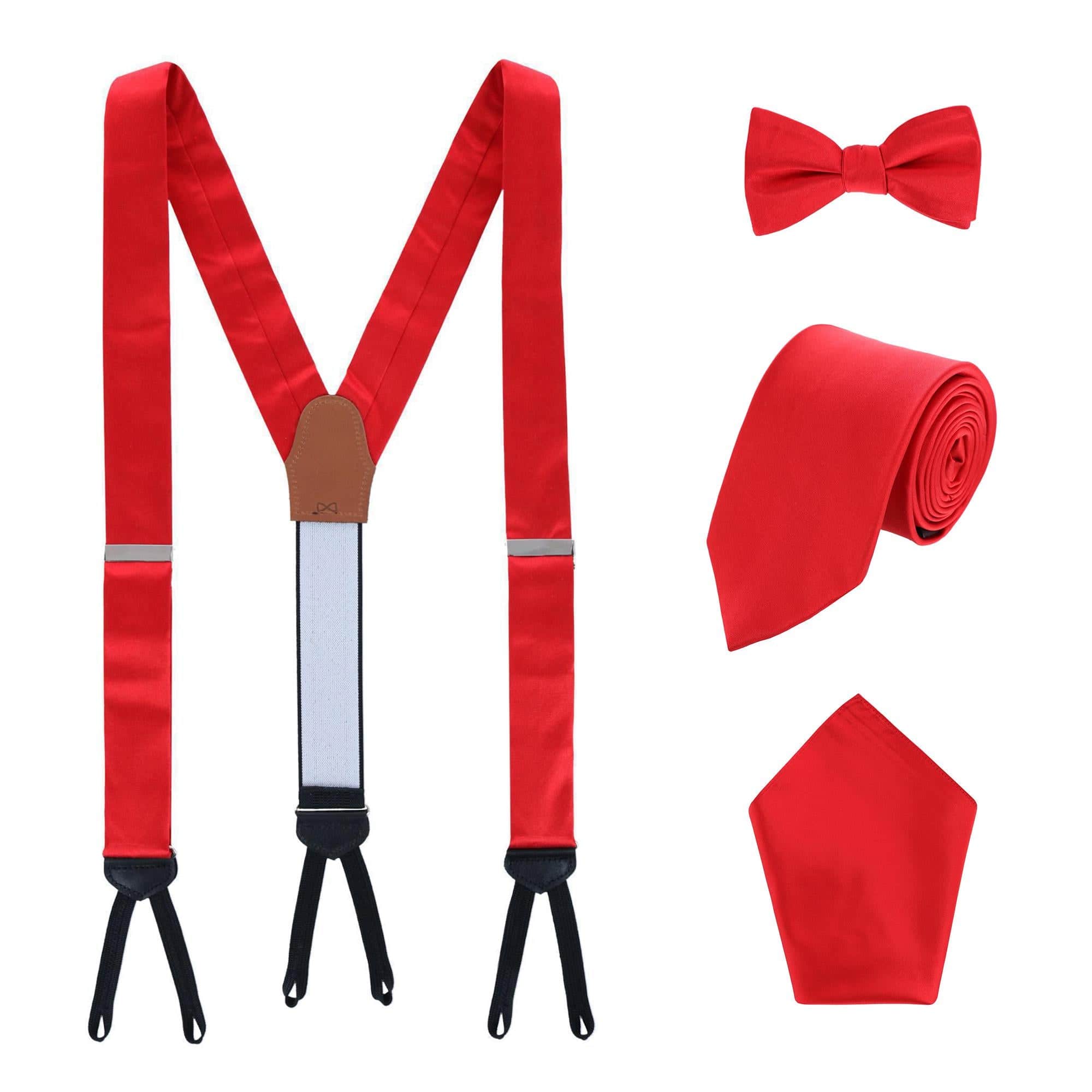 Sutton Solid Color Silk Brace Bow Tie Necktie and Pocket Square Set - Red