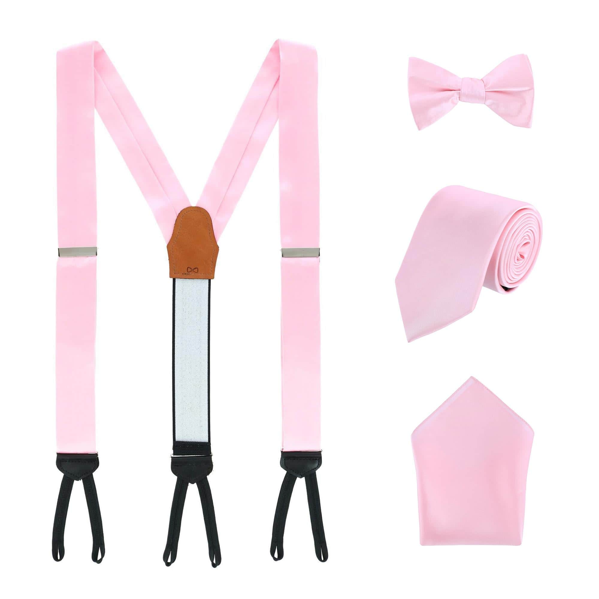 Sutton Solid Color Silk Brace Bow Tie Necktie and Pocket Square Set - Pink