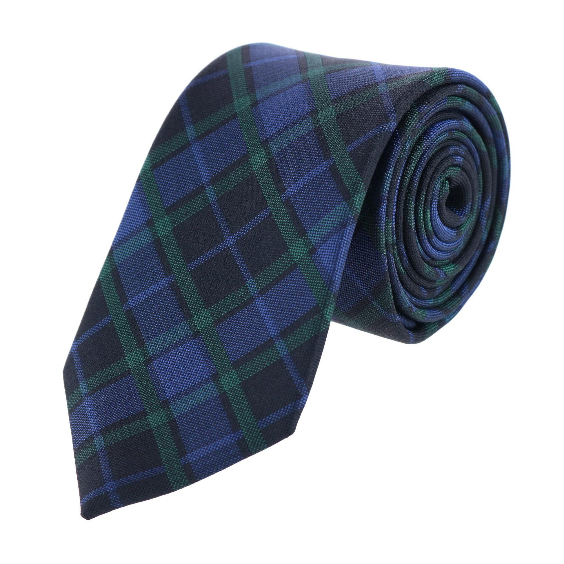 Ives Green and Navy Blackwatch Plaid Silk Necktie - Green and Navy Plaid