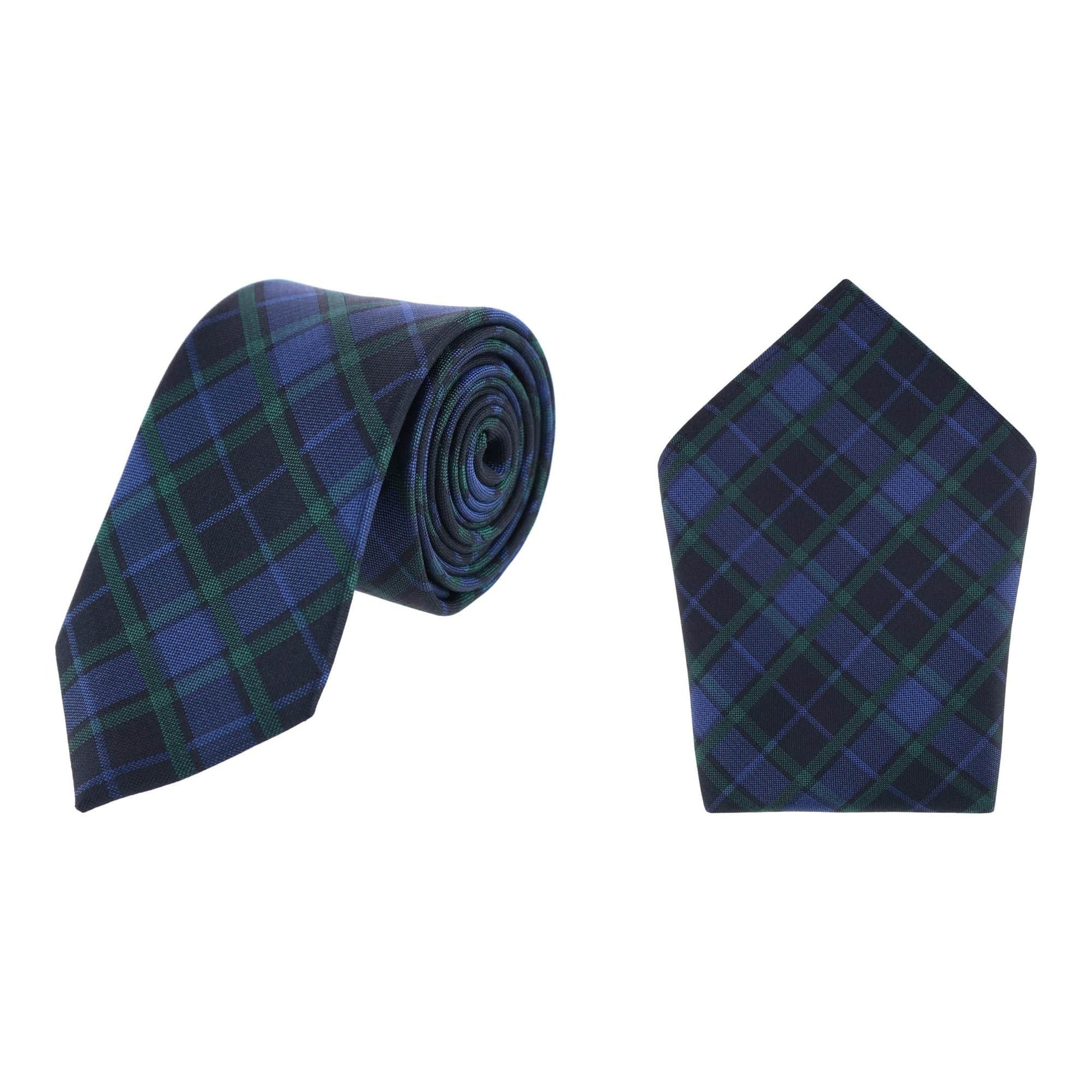Ives Green and Navy Blackwatch Plaid Necktie and Pocket Square Bundle - Green