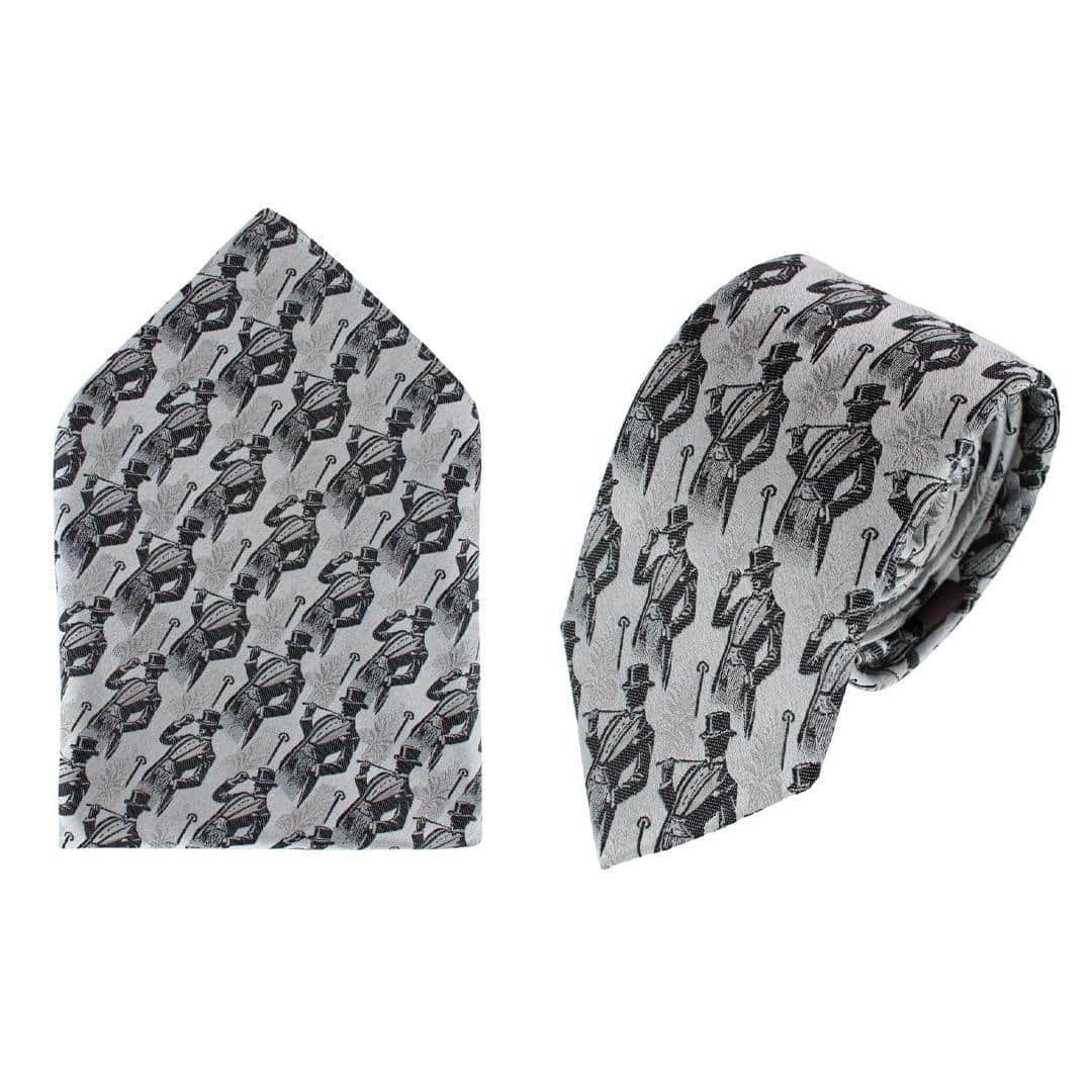 Big & Tall Ambrose Dapper Night Silk Novelty Silk Necktie and Pocket Square - Silver and Black