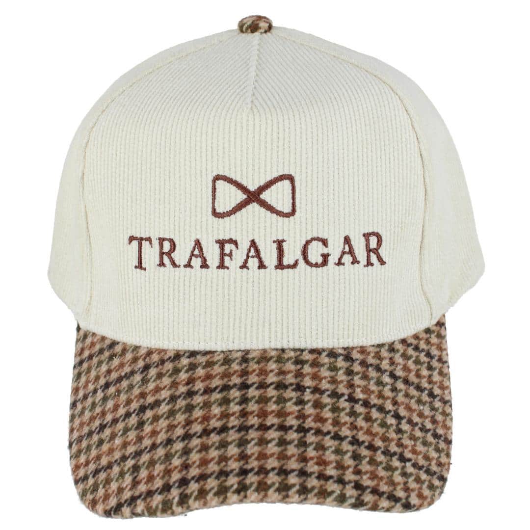 Trafalgar's 5 Panel Corduroy Baseball Hat with Plaid Brim - Beige with Plaid Brim