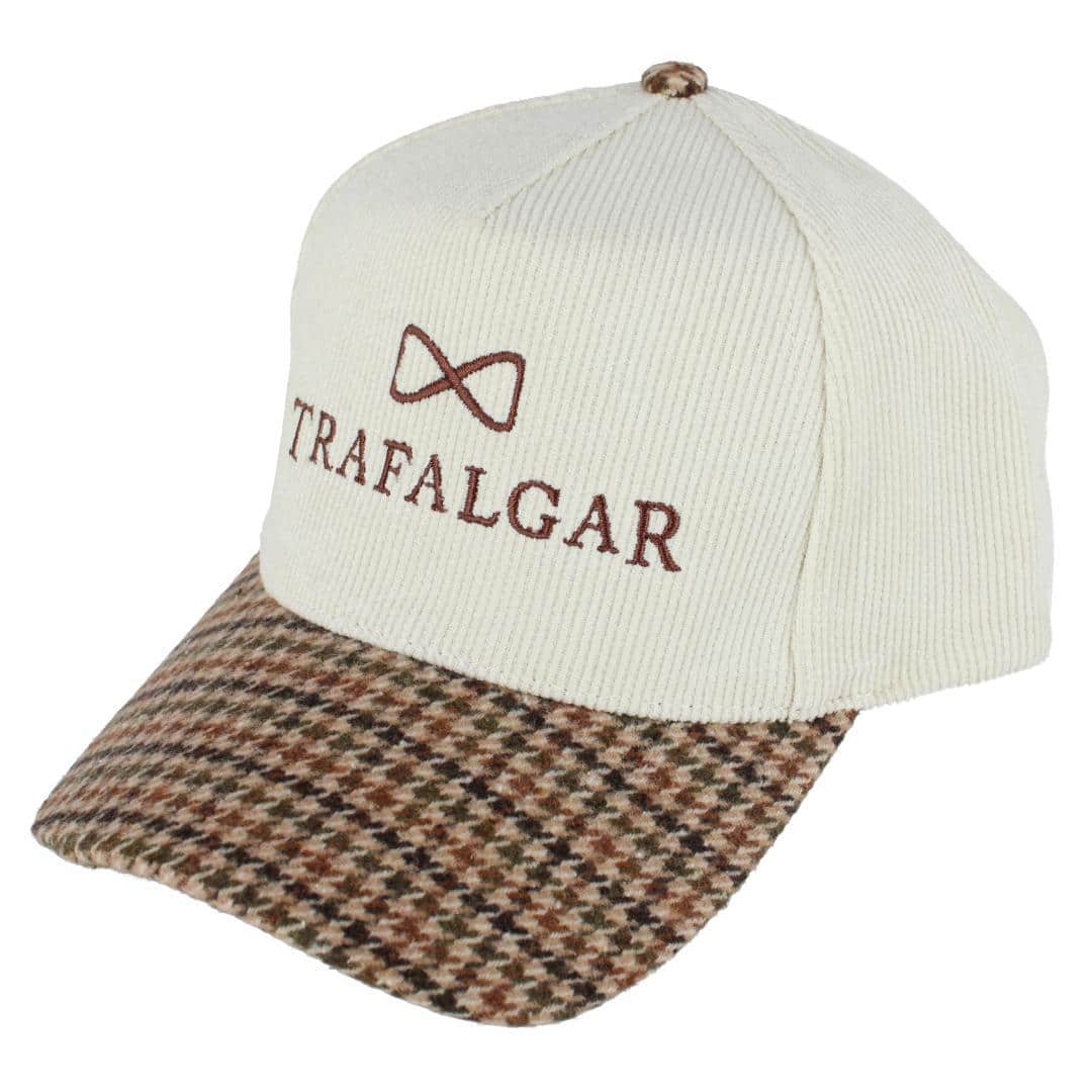 Trafalgar's 5 Panel Corduroy Baseball Hat with Plaid Brim - Beige with Plaid Brim
