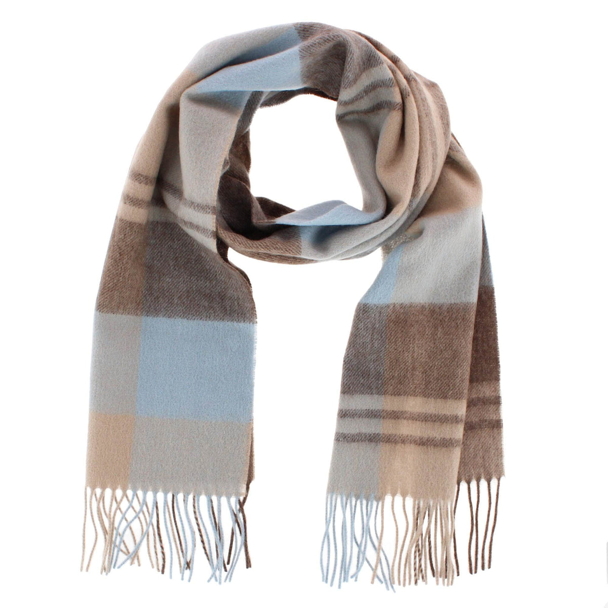 The Windsor Merino Wool Knit Neck Scarf - Brown/Tan/Light Blue Plaid