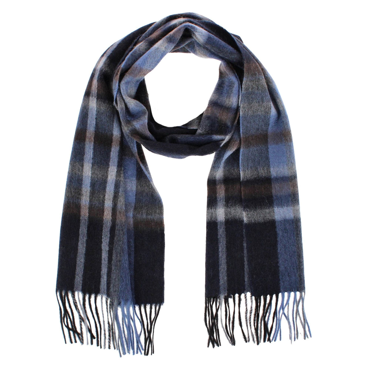 Camden Cashmere Soft and Cozy Neck Scarf - Navy Blue, Light Blue, Tan, and Brown Plaid
