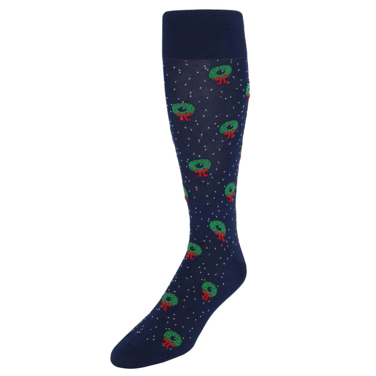 Deck The Halls Holiday Wreath Over The Calf Mercerized Cotton Socks (1 Pair) - Navy Blue