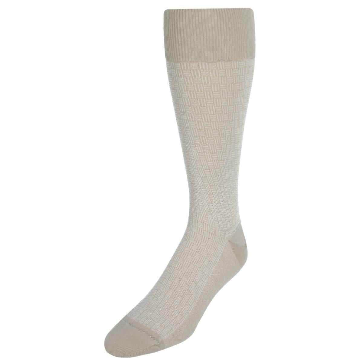 Horatio Cross Hatch Design Mid-Calf Mercerized Cotton Socks - Tan with White