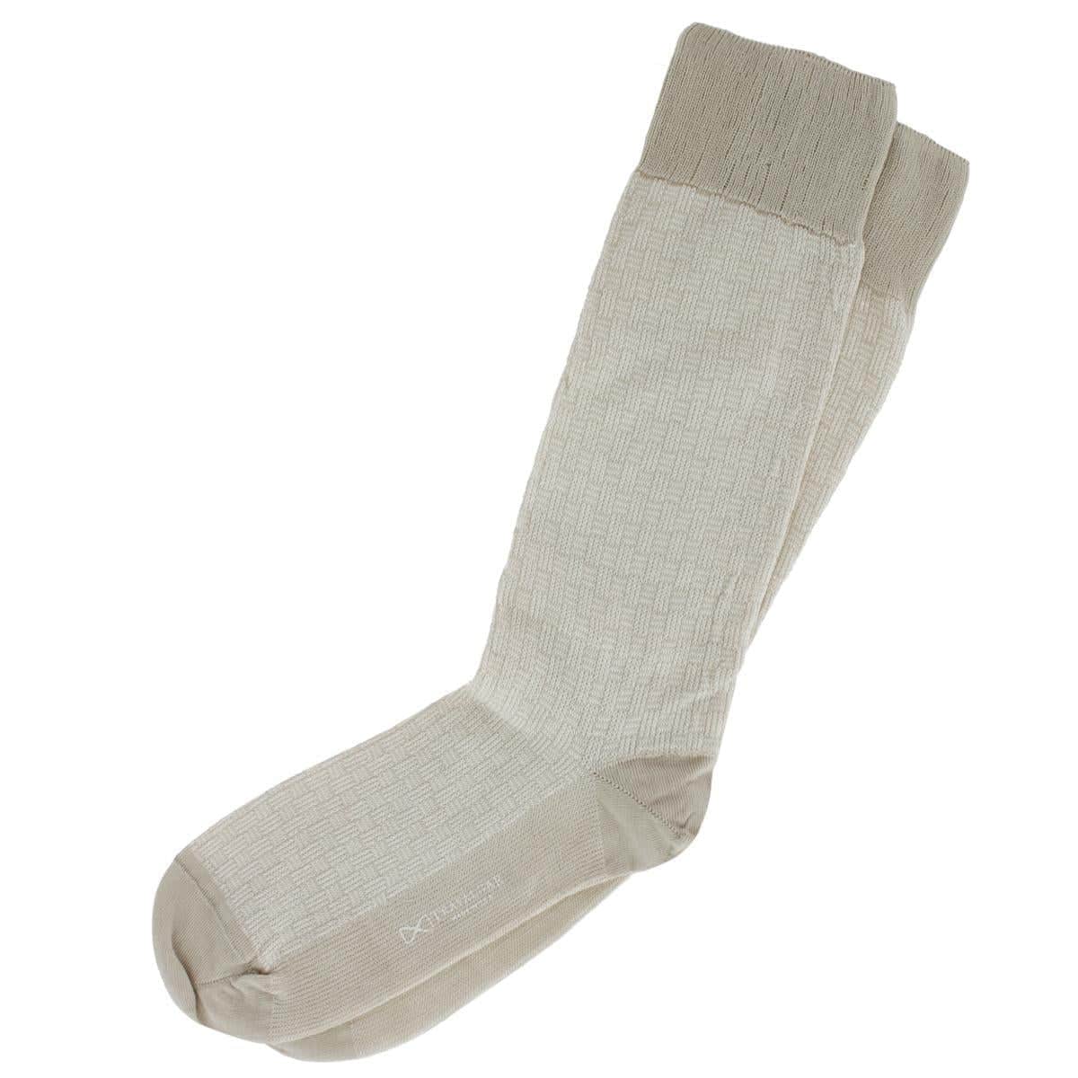 Horatio Cross Hatch Design Mid-Calf Mercerized Cotton Socks - Tan with White