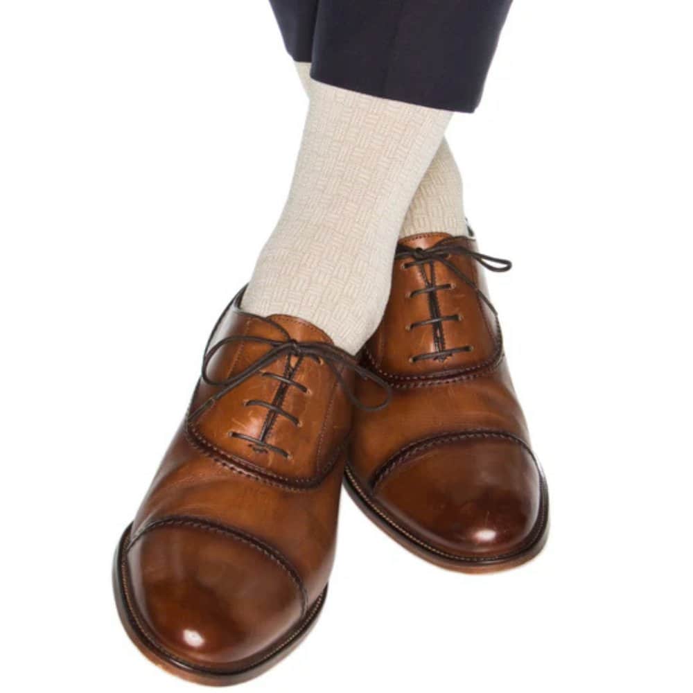Horatio Cross Hatch Design Mid-Calf Mercerized Cotton Socks - Tan with White