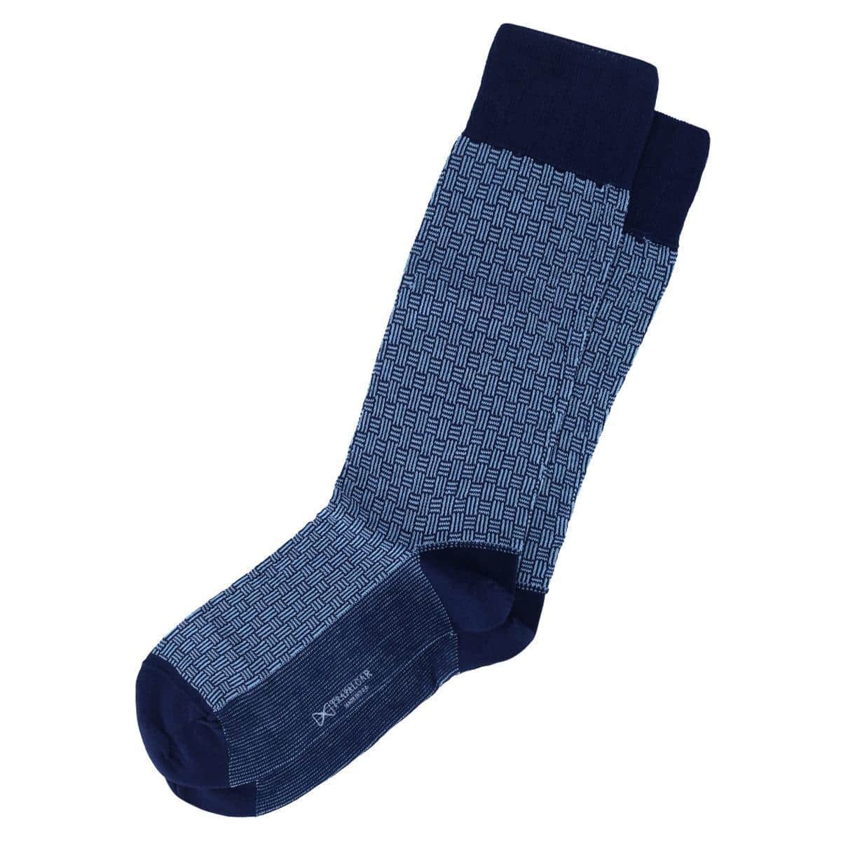 Horatio Cross Hatch Design Mid-Calf Mercerized Cotton Socks - Classic Navy with Sky Blue Hatch Cross