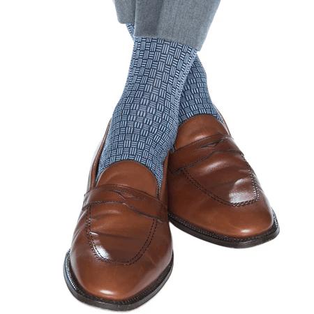 Horatio Cross Hatch Design Mid-Calf Mercerized Cotton Socks - Classic Navy with Sky Blue Hatch Cross