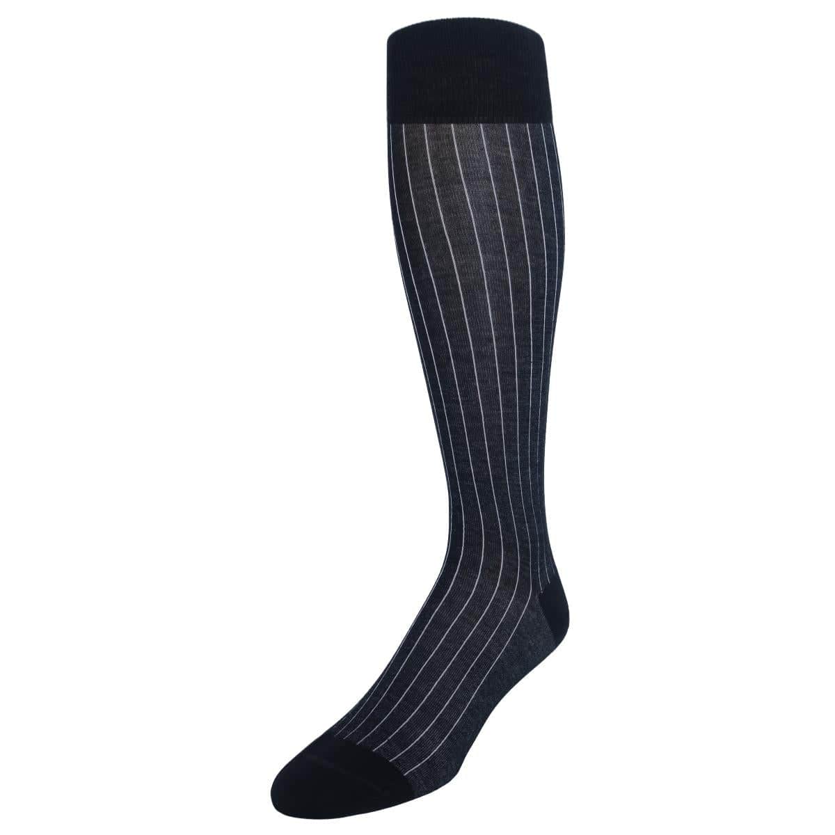 Valentino Vertical Stripe Over the Calf Mercerized Cotton Sock - Black with Ash Stripes