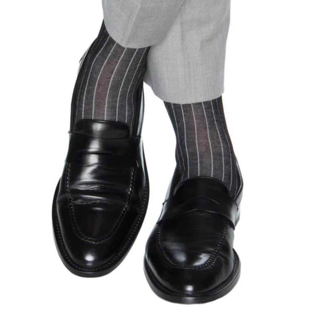 Valentino Vertical Stripe Over the Calf Mercerized Cotton Sock - Black with Ash Stripes