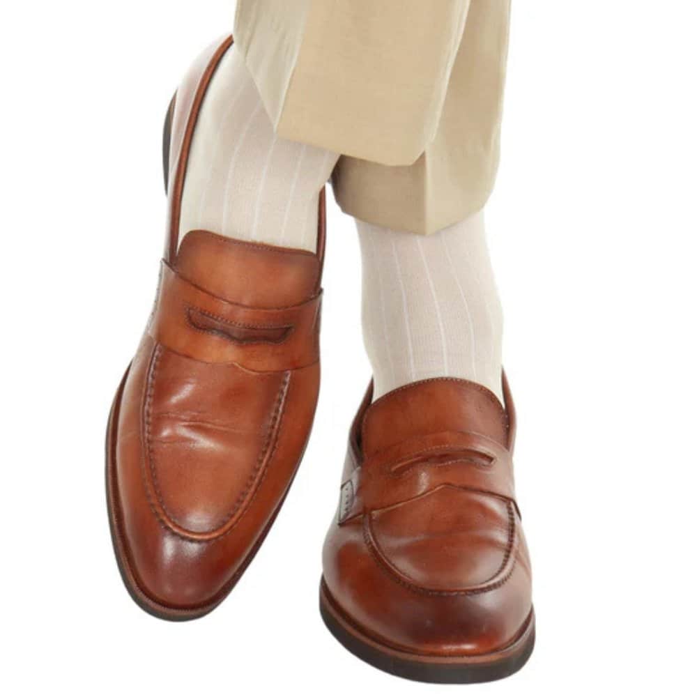 Valentino Vertical Stripe Over the Calf Mercerized Cotton Sock - Tan with White Stripes